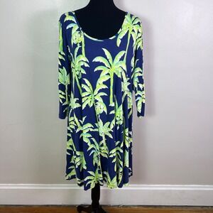 Tori Richard Zolie Dress L Navy Palm Tree Ban-Rama Tropical Resort Made in USA